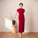Red Slim Short-Sleeve Long Qipao Dress | Mandarin Collar Frog Button Side Slit Gown