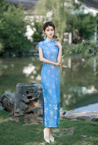 Sky Blue Floral Long Qipao Dress for Women | Mandarin Collar Frog Buttons Slim Fit Side Slit