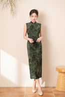 Forest Green Jacquard Sleeveless Qipao Dress | Mandarin Collar Slim Maxi Cheongsam