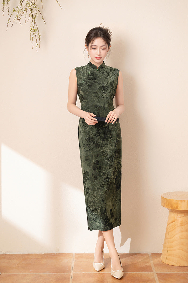 Forest Green Jacquard Sleeveless Qipao Dress | Mandarin Collar Slim Maxi Cheongsam