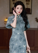 Mist-Blue Butterfly Print Modern Qipao Midi | Mandarin Collar Slim Silhouette