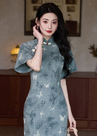 Mist-Blue Butterfly Print Modern Qipao Midi | Mandarin Collar Slim Silhouette