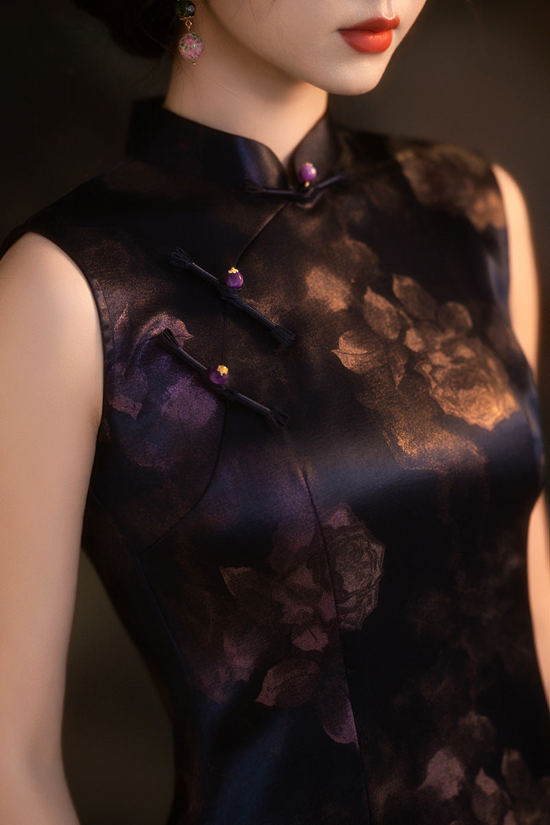 Black Floral Sleeveless Slim Qipao Dress | Mandarin Collar Frog Buttons Bodycon Side Slit Wedding Banquet Gown