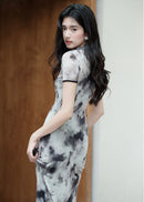 Ink-Wash Modern Qipao Midi | Short Sleeves & Black-Grey