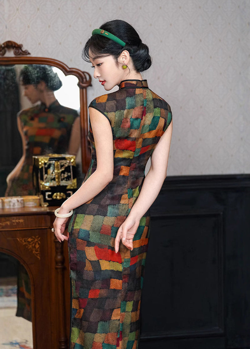 Colorful Sleeveless Plaid Qipao Dress