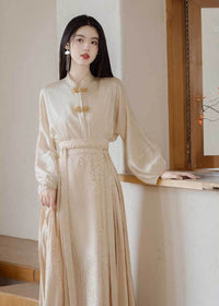 Cream Jacquard Mamian Skirt Set | Mandarin-Collar Puff-Sleeve Top