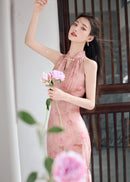 Chinese Style Pink Gradient Halter Cold-Shoulder Qipao Dress