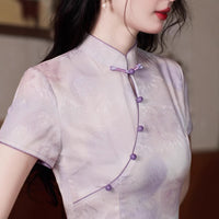 Mist-Lilac Jacquard Qipao | Slim Mandarin Midi Cheongsam