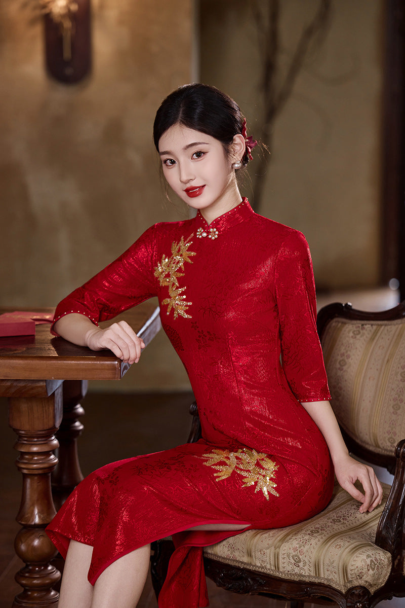 Crimson Bamboo-Embroidered Modern Qipao Midi | Mandarin Collar with Beaded Button