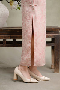 Blush Pink Jacquard Short-Sleeve Long Qipao Dress | New Chinese Mandarin Collar Frog Buttons Slim Side Slit Wedding Banquet Gown