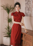 Wine Red Jacquard Mandarin Qipao Dress | A-Line Slim Waist Layered Pleated Tassel Skirt New Chinese Style