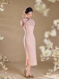 Pink Lace-Trim Qipao Midi Dress | Mandarin Collar Slim Cheongsam with Side Slit