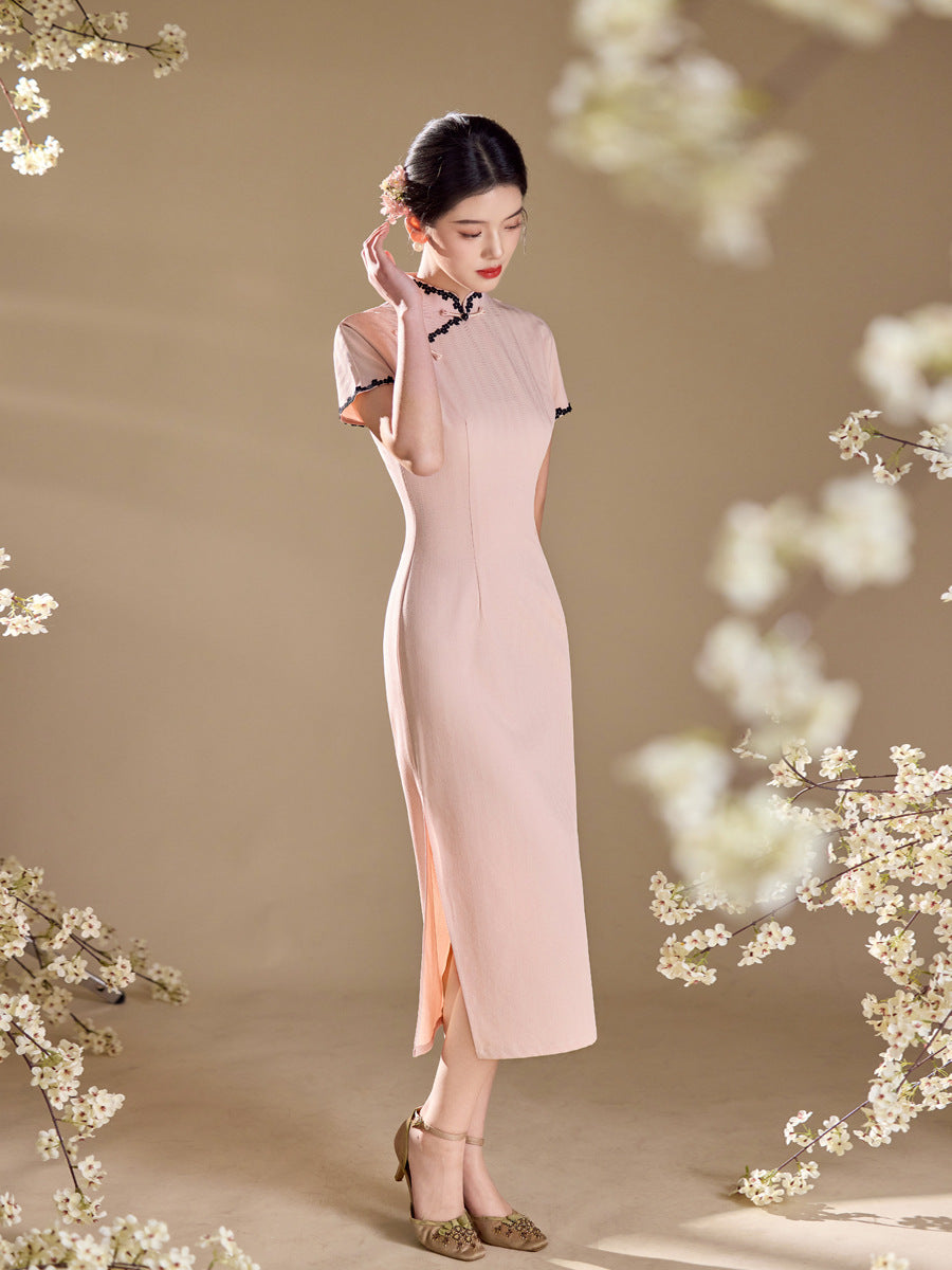 Pink Lace-Trim Qipao Midi Dress | Mandarin Collar Slim Cheongsam with Side Slit