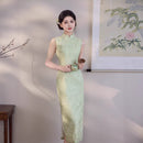 Mint Green Tonal Jacquard Sleeveless Qipao Maxi Dress | Mandarin Collar Slim Slit Cheongsam