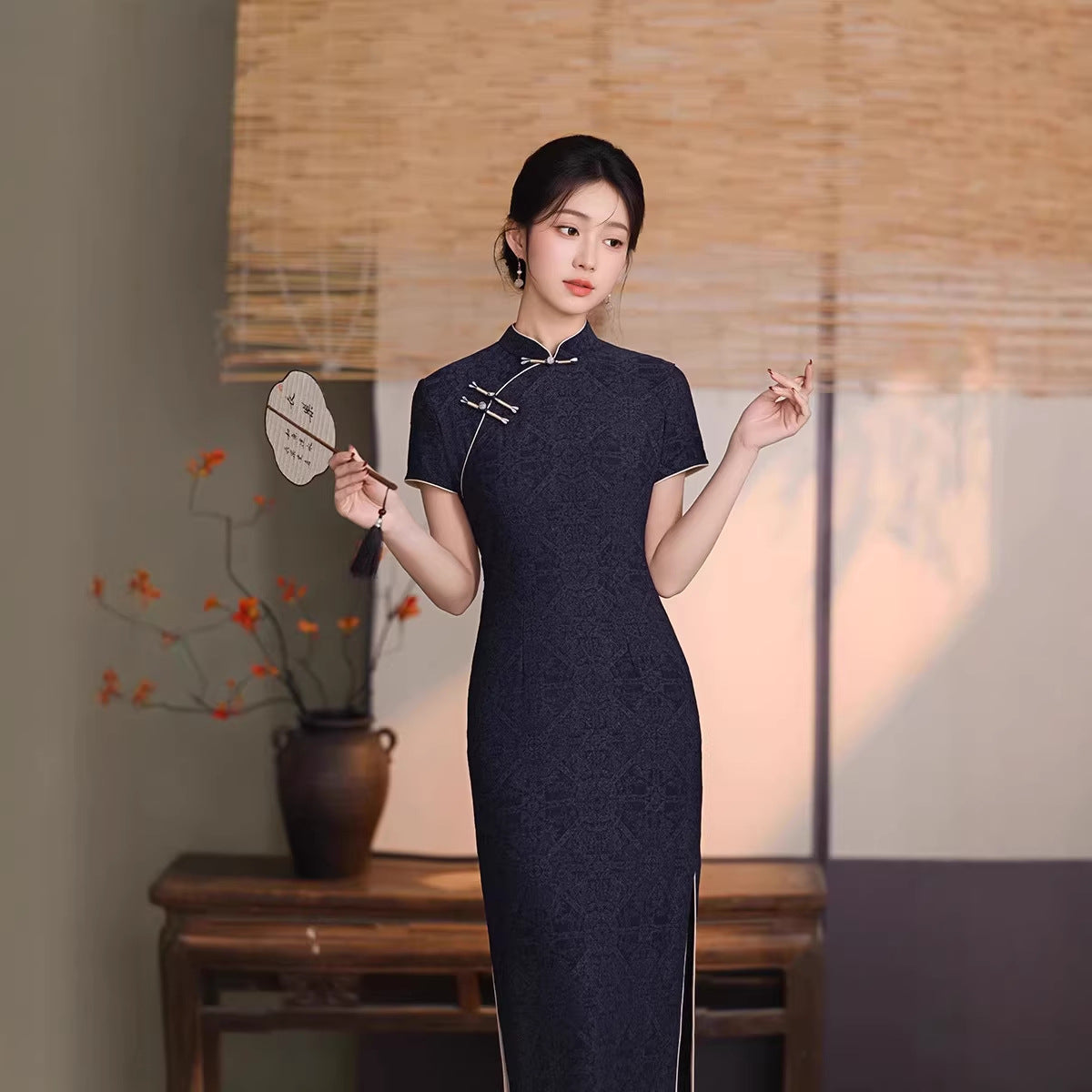 BlackTonal Jacquard Short Sleeve Qipao Dress | Mandarin Collar Slim Midi Cheongsam