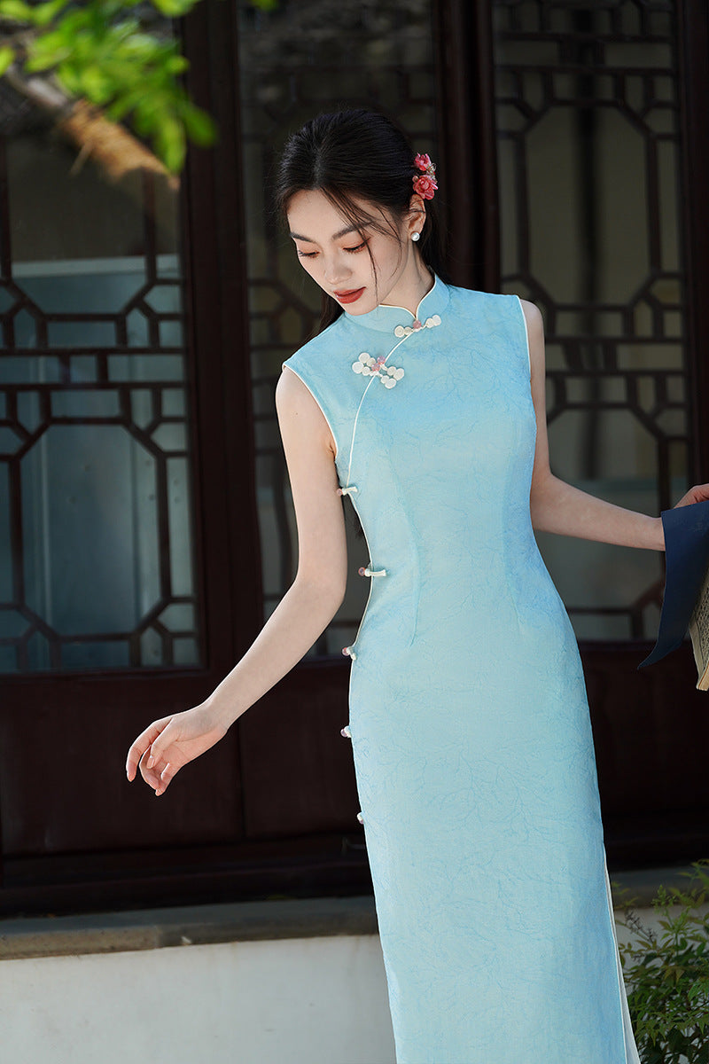 Aqua Jacquard Modern Qipao Maxi | Mandarin Neck with Floral Frog Buttons