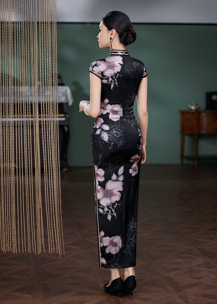Black Silk Floral Qipao Dress | Slim-Fit Long Mandarin