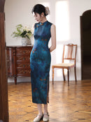 Deep Teal Floral Qipao Dress | Modern Chinese Sleeveless Mandarin Collar Slim Midi Dress