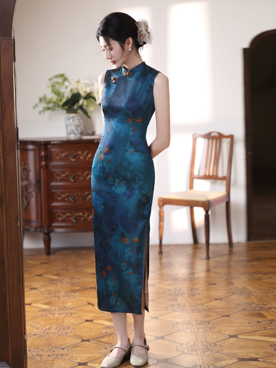 Deep Teal Floral Qipao Dress | Modern Chinese Sleeveless Mandarin Collar Slim Midi Dress