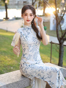 Chinese Vintage Bamboo Leaf Print Qipao | Elegant Slim-Fit Dress