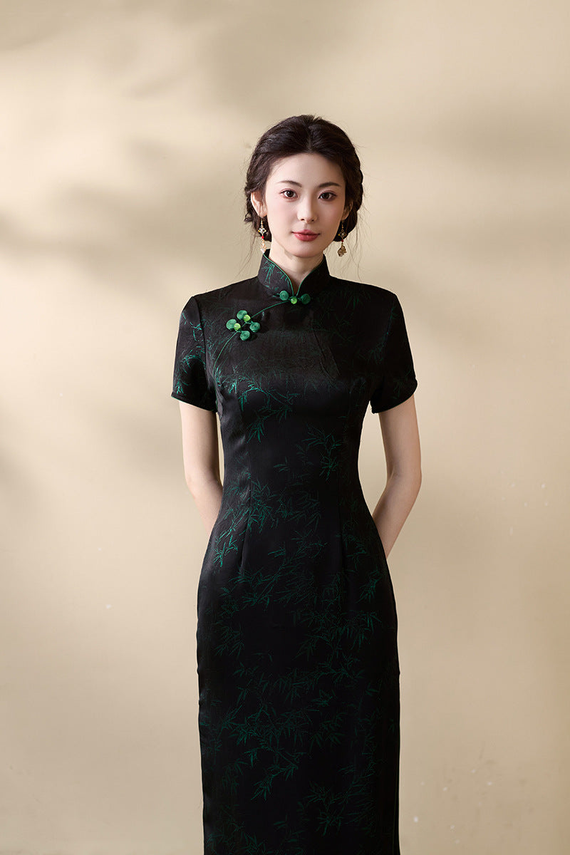 Black Qipao Dress with Bamboo Embroidery | Mandarin Collar Frog Button Slim Fit Elegant Gown
