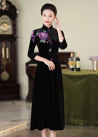 Embroidered Modern Qipao Maxi | Wine Red/Purple/Black | Mandarin Collar 3/4 Sleeves