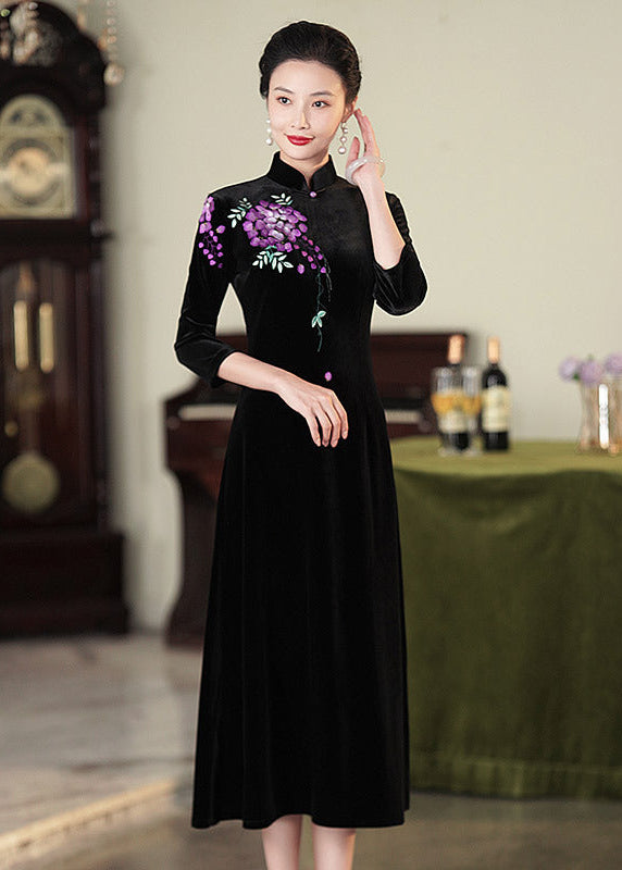 Embroidered Modern Qipao Maxi | Wine Red/Purple/Black | Mandarin Collar 3/4 Sleeves