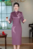 Aubergine Acetate Stretch Satin Embroidered Modern Qipao Midi | Mandarin Collar Keyhole
