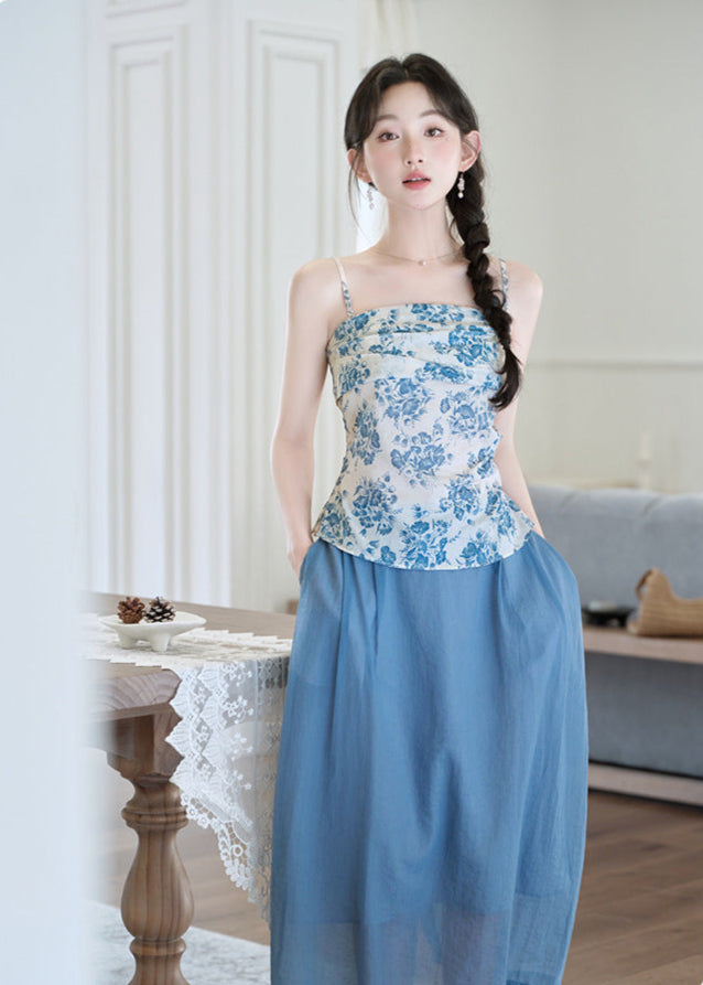 Chinese-Style Blue-and-White Camisole Set | Fresh Blue Sheer Midi Skirt