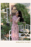 Elegant Pink Cherry Blossom Cheongsam Dress with Delicate Button Detailing