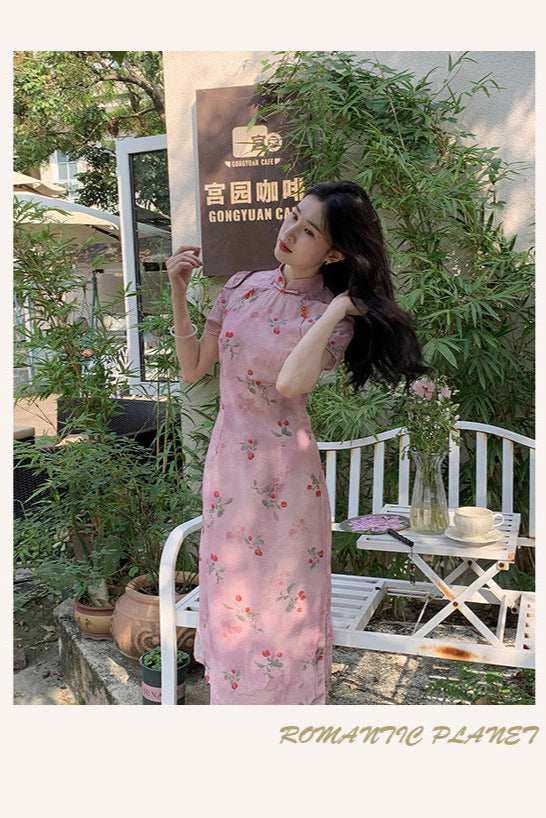 Elegant Pink Cherry Blossom Cheongsam Dress with Delicate Button Detailing