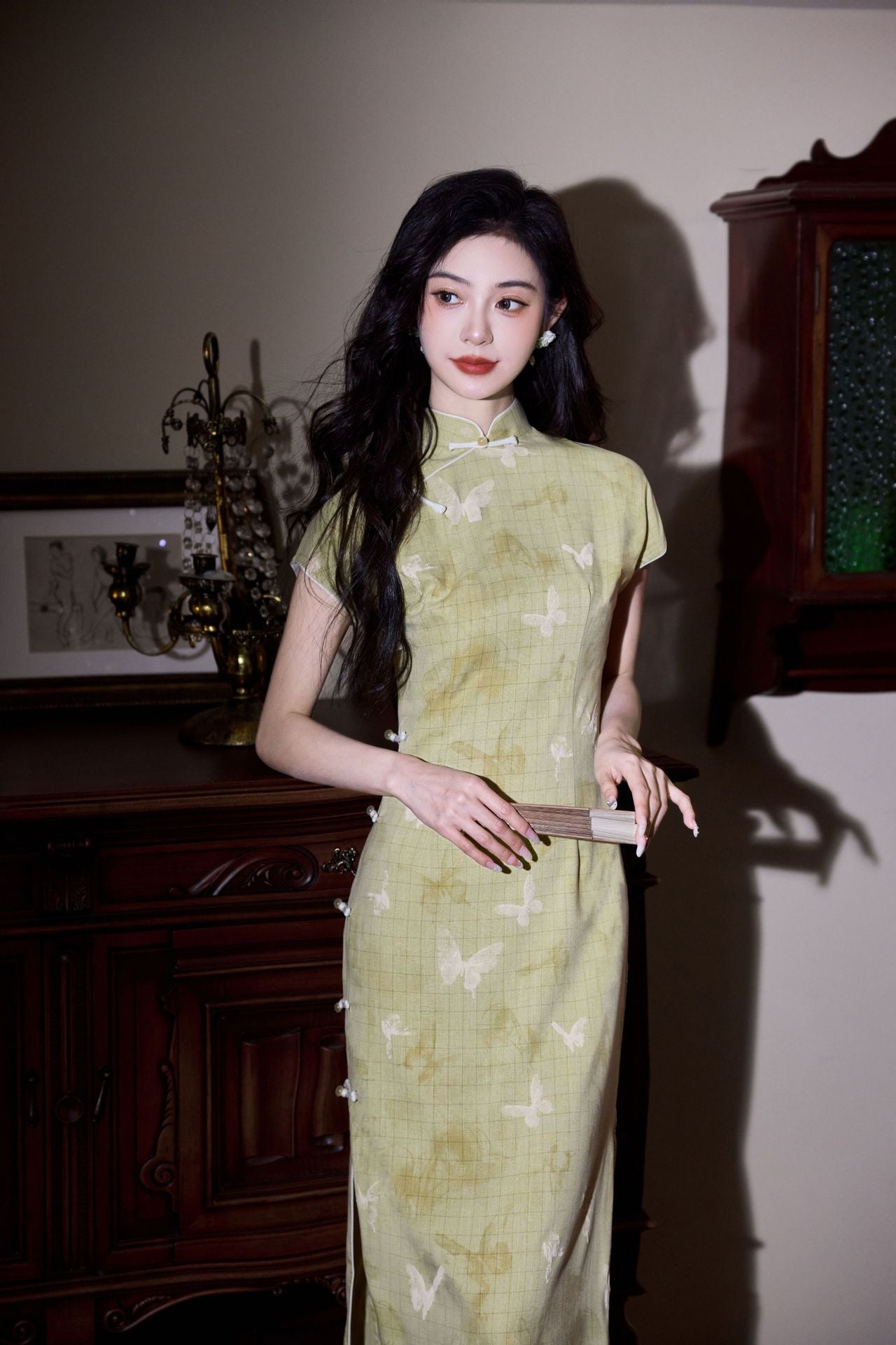 Butterfly Print Modern Qipao Maxi | Mandarin Collar & Frog Buttons