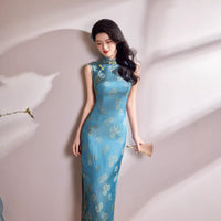 Peacock Blue Geometric Jacquard Sleeveless Qipao Maxi Dress | Mandarin Collar Slim Slit Cheongsam
