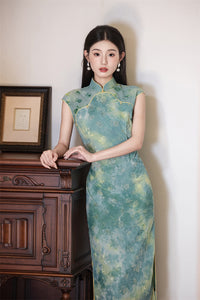 Misty Blue-Green Watercolour Floral Qipao Dress Sleeveless Slim Mandarin Collar Piping