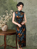 Black Rust Floral Velvet Sleeveless Qipao Dress | Slim Mandarin Midi