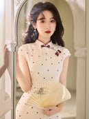 Polka-Dot Modern Qipao | Ivory with Burgundy Dots