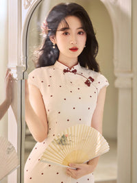 Polka-Dot Modern Qipao | Ivory with Burgundy Dots