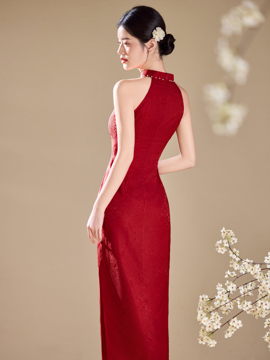 Red Halter Neck Side Slit Qipao | Elegant Chinese Cheongsam Dress