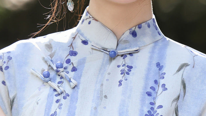 Spring Elegant Purple-Stripe Qipao | Slim Mandarin Collar Cap Sleeves