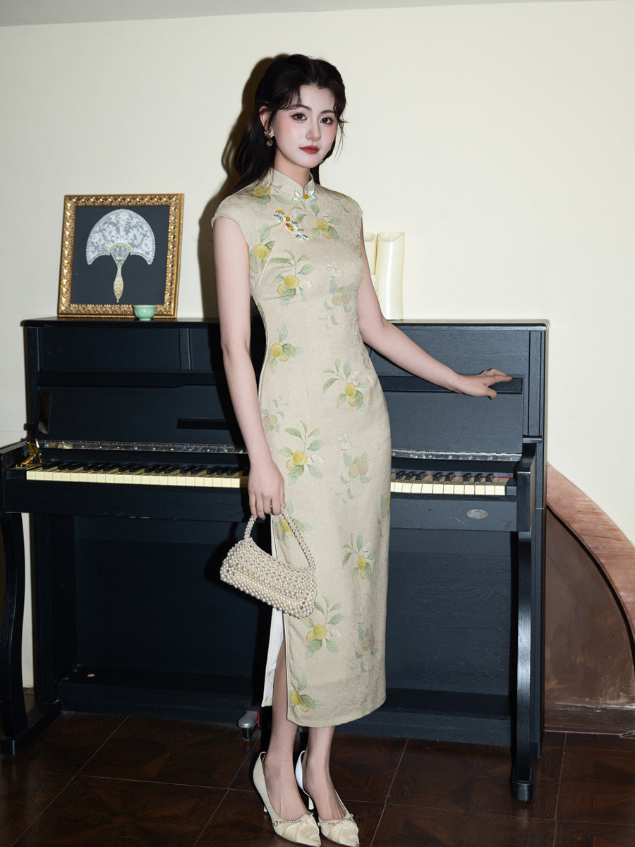 Apricot Embroidered Sleeveless Qipao Dress | Mandarin Collar Slim Maxi Cheongsam
