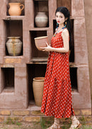 Red Bohemian Printed Cami Dress | V-Neck Spaghetti Straps | Tiered A-Line Maxi for Resort & Beach