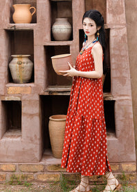 Red Bohemian Printed Cami Dress | V-Neck Spaghetti Straps | Tiered A-Line Maxi for Resort & Beach