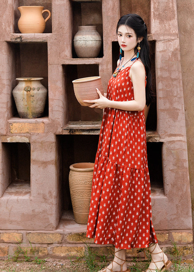 Red Bohemian Printed Cami Dress | V-Neck Spaghetti Straps | Tiered A-Line Maxi for Resort & Beach