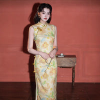 Yellow Vintage Floral Sleeveless Qipao Dress | Mandarin Collar Slim Midi Cheongsam