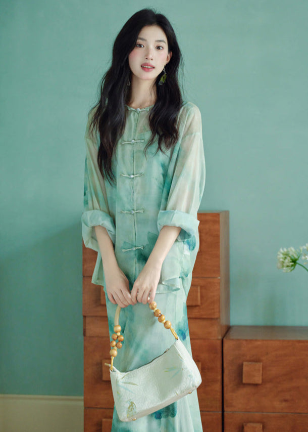 Modern Chinese Ink-Print Two-Piece Set | Sheer Frog-Button Top + Slim Maxi Dress