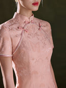 Champagne Pink Tonal Jacquard Short Sleeve Qipao Maxi Dress | Mandarin Collar Slit Cheongsam