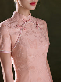 Champagne Pink Tonal Jacquard Short Sleeve Qipao Maxi Dress | Mandarin Collar Slit Cheongsam