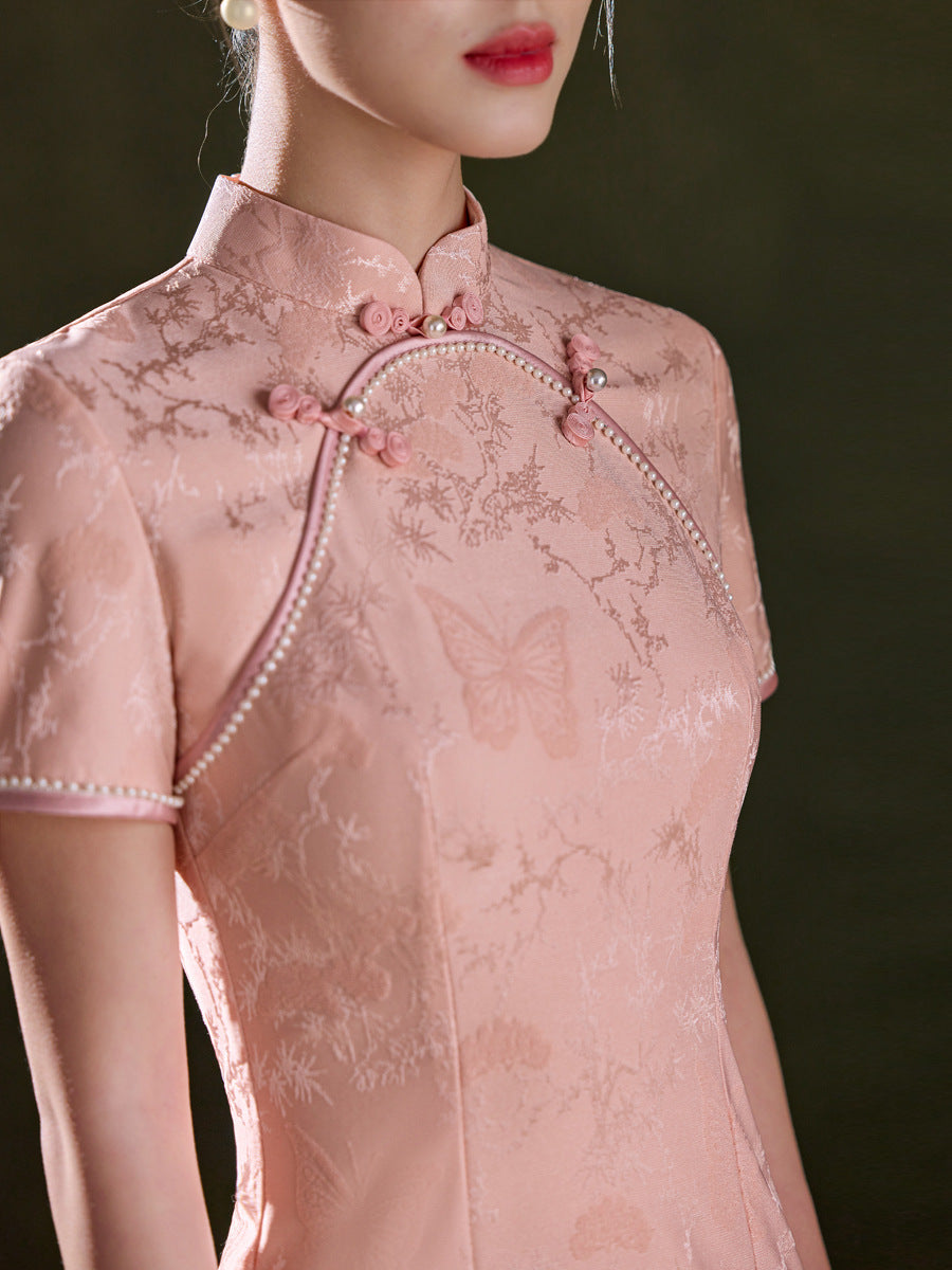 Champagne Pink Tonal Jacquard Short Sleeve Qipao Maxi Dress | Mandarin Collar Slit Cheongsam