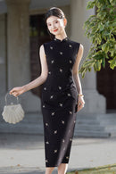 Black Sleeveless Jacquard Qipao | Slim Maxi Side-Slit Vintage-Elegant Gown