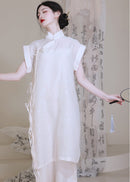 Modern Chinese Qipao Two-Piece Set | Ivory Mandarin-Collar Straight Dress